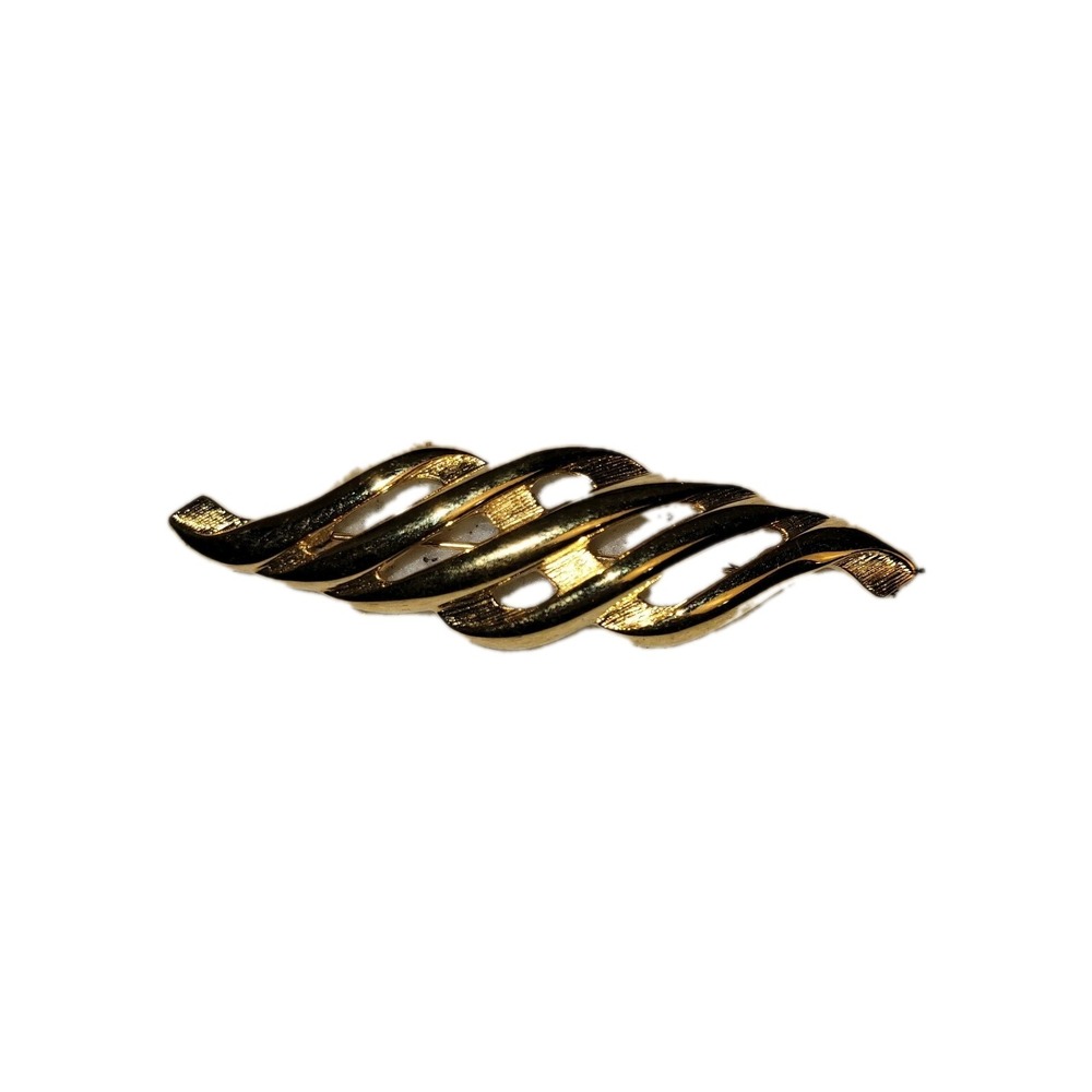 :Vintage Monet Gold Tone Abstract Wave‎ Ribbon Brooch Pin Signed 2.5"